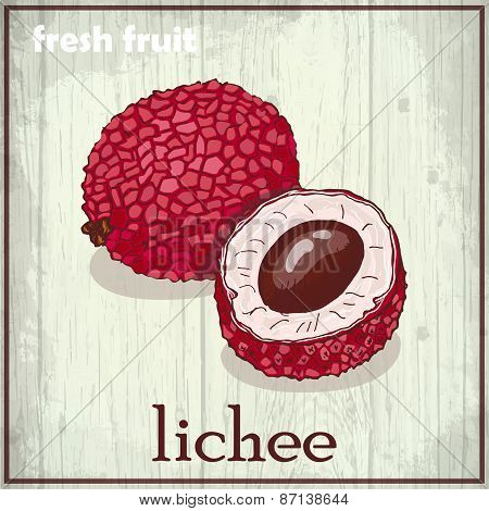 Hand Drawing Illustration Of Lichee. Fresh Fruit Sketch Background