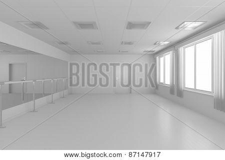 White Empty Training Dance-hall With Flat Walls, White Floor And Window, 3D Illustration