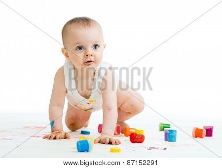 dirty baby painting by hands - on white background
