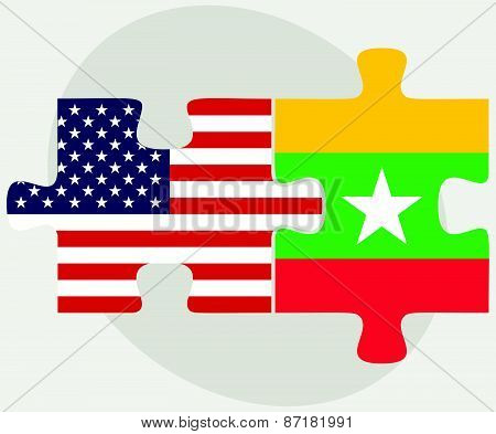 Usa And Myanmar Flags In Puzzle