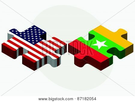 Usa And Myanmar Flags In Puzzle
