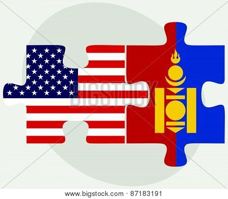 Usa And Mongolia Flags In Puzzle