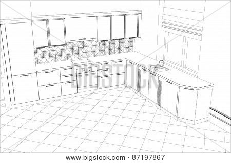 bstract sketch design interior kitchen. Illustration created of 3d