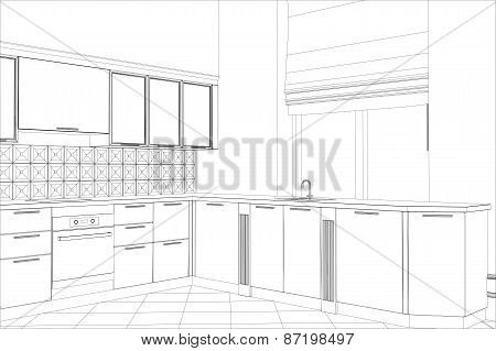 Facade kitchen vector sketch interior. Illustration created of 3d