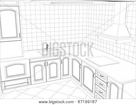 Kitchen vector sketch interior. Illustration created of 3d