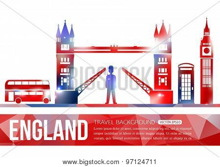 England travel background with place for text. Isolated Great Britain shining symbols for your desig