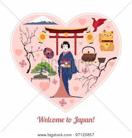 Welcome to Japan. Japan travel background with place for text. Isolated heart shape with Japan flat