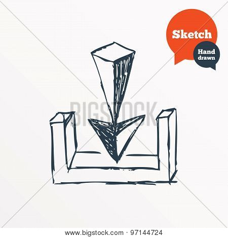 Hand drawn download icon. Sketched arrow. Upload