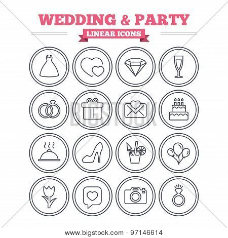 Wedding and party linear icons set. Thin outline signs. Vector