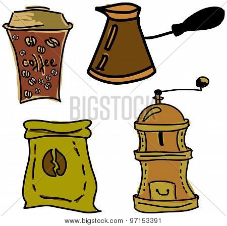 Drawn colored picture with coffee stuff