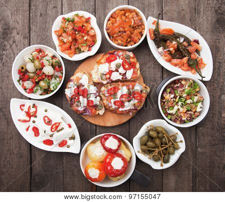 Tapas, antipasto or meze, traditional mediterranean cold buffet food