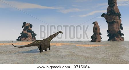 mamenchisaurus walking on shore with cliffs