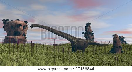 mamenchisaurus waking on grassy planr with cliffs