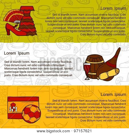 Vector travel europe concept with line background and cartoon drawn objects on Spain theme: flag, bu