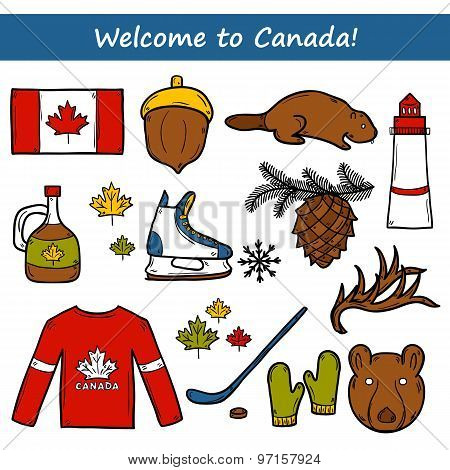 Set of cartoon hand drawn objects on Canada theme: maple syrup, hockey stick, puck, bear, horn, flat