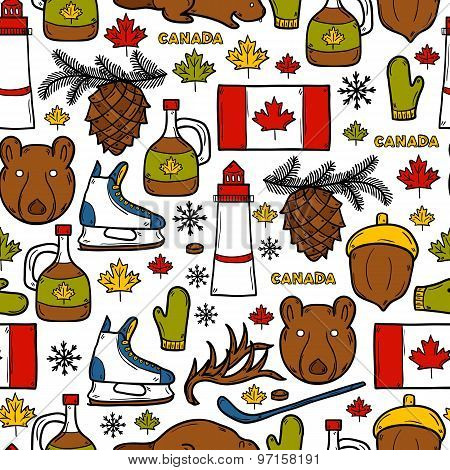 Seamless background with cartoon hand drawn objects on Canada theme: maple syrup, hockey stick, puck