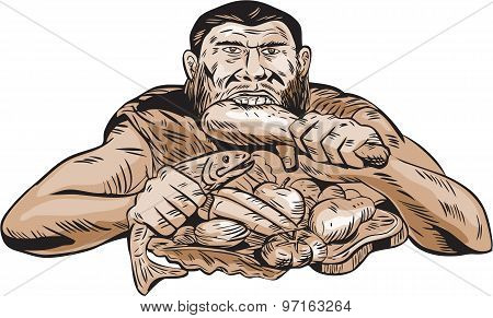 Neanderthal Man Eating Paleo Diet Etching