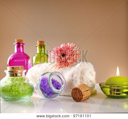 Oils And Bath Salts On White Glass Square Composition