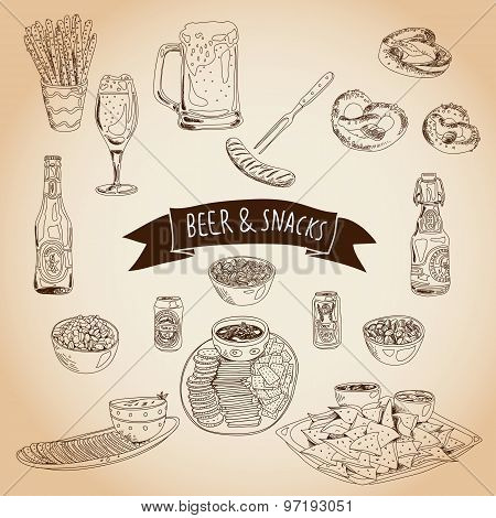 Hand drawn vector illustration. Beer and snacks set.