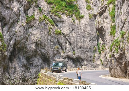 BICAZ GORGES ROMANIA - JULY 07 2015 : Tourists visit the Bicaz Canyon. Canyon is one of the most spectacular roads in Romania.