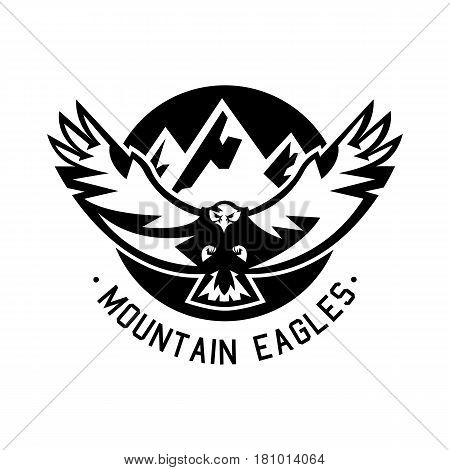 Monochrome logo, eagle flying in the mountains. Vector illustration