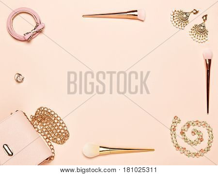 Fashion lady accessories set. Falt Lay. Stylish handbag. Make-Up brushes. Jewelry. Women accessories. Trendy fashion design
