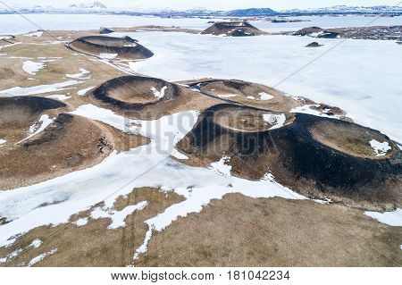 Aerial View Of Pseudocraters Near The Frozen Lake Myvatn - Northern Iceland