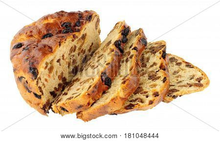 Traditional Irish Barmbrack sweet fruit bread loaf isolated on a white background