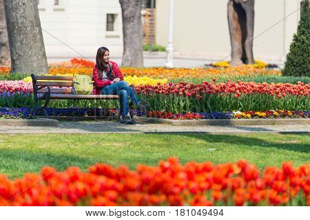 ISTANBULTURKEY - APRIL 08 2015: Tourist in a garden near Sultanahmet squareThe Sultanahmet square is the popular tourist place with the numerous landmarks and museums on April 08 Istanbul Turkey
