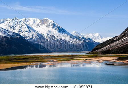 Beautiful Tibet scenery in china- ranwu lake is the largest lake in eastern Tibet. north of the famous Laguna glacier. Peak is the year-round, overlapping ups and downs of the snow-capped mountains.