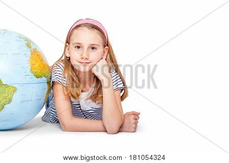Cute little student girl with globe. School Education Concept.