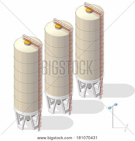 Grain silo isometric building info graphic, big ochre seed elevator on white background. Illustration of agriculture, farming, husbandry. Flatten isolated master vector.