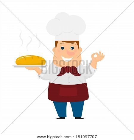 Baker with  bread in his hand. Isolated on white background. Flat style. Vector illustration