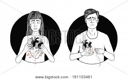 Sad and suffering man and woman loss of love. broken heart concept. hand drawn illustration.