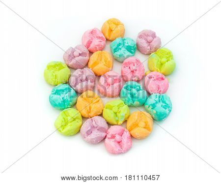 Closeup To Group Of Pastel Thai Shortbread/ Kleeb Lamduan On White Background
