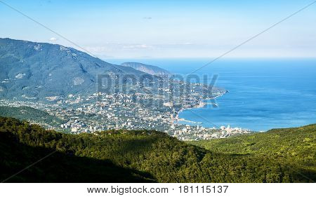 Aerial view of city of Yalta from the Mount Ai-Petri. Landscape of Crimea, Russia.
