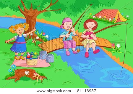 Vector design of kids doing fishing and enjoying in summer vacation