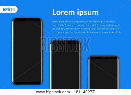 Phone, mobile smartphone isolated on blue background template. Realistic vector illustration mockup three phones for banner or advertising.