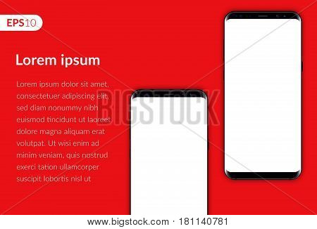 Phone, mobile smartphone design composition isolated on red background template. Realistic vector illustration mockup two phones for banner or advertising.