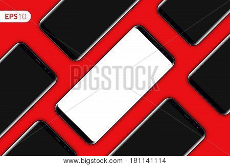 Phone, mobile smartphone design diagonal composition isolated on red background template. Realistic vector illustration mockup phones for banner or advertising.