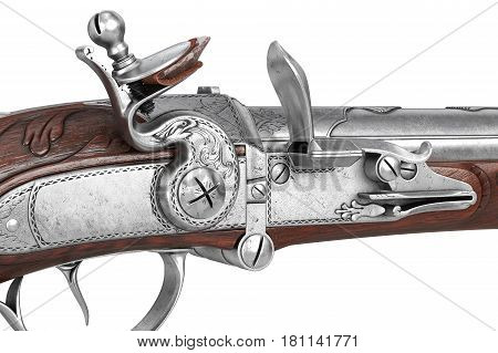 Pistol gun wooden antique ornate flintlock, close view. 3D rendering