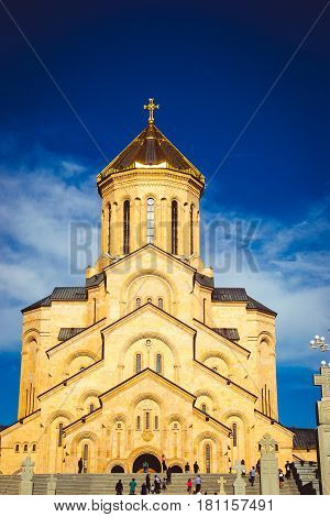  Holy Trinity Cathedral Tsminda Sameba in Tbilisi, Georgia. Georgian Orthodox Church. Welcome To Georgia. Tourist attraction. Religious background. Travel concept. Caucasus region. Bright day