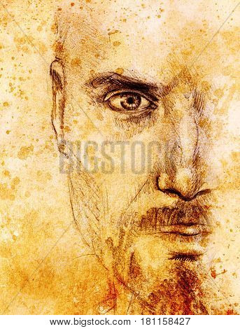 Mystic man. pencil drawing on old paper. Color effect