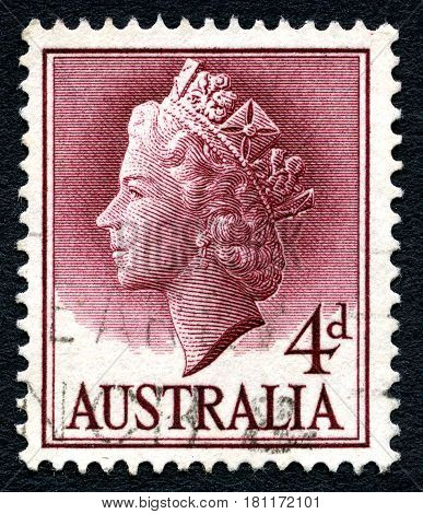 AUSTRALIA - CIRCA 1957: A used postage stamp from Australia depicting a portrait of Queen Elizabeth II circa 1957.
