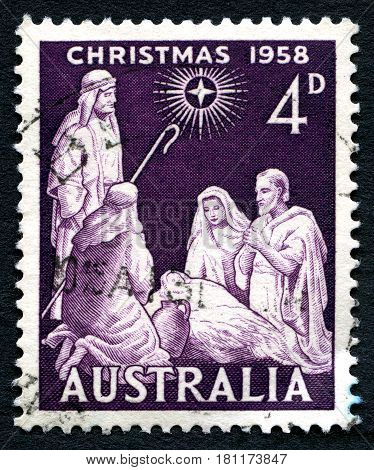 AUSTRALIA - CIRCA 1958: A used postage stamp from Australia depicting a biblical scene to commemorate Christmas circa 1958.