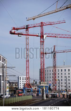 MAINZ, GERMANY - MARCH 24: Road construction sites and petrol station construction sites with cranes on the Binger Street in the city center on March 24 2017 in Mainz.