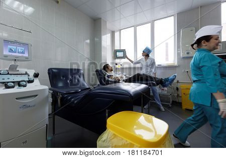 ST. PETERSBURG, RUSSIA - FEBRUARY 20, 2017: Donor gives blood plasma in the city blood transfusion station. This year the station celebrates its 65th anniversary