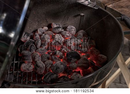 Empty Hot Charcoal Barbecue Grill With Flame.