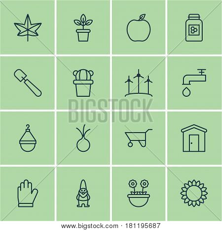 Set Of 16 Planting Icons. Includes Shovel, Helianthus, Jar And Other Symbols. Beautiful Design Elements.