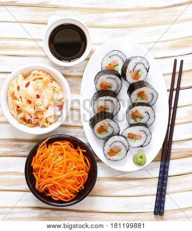 Korean rolls kimpab with soy sauce - Asian food